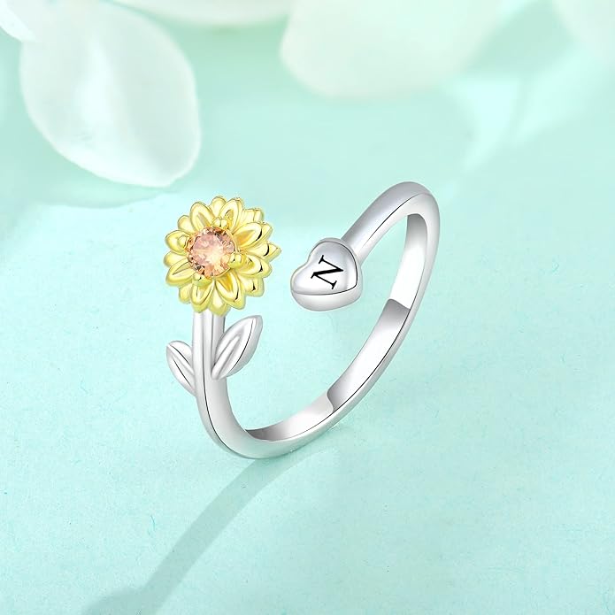 STARCHENIE Sunflower Initial Ring for Women 925 Sterling Silver Letters A-Z 26 Alphabet Adjustable Ring Size 7