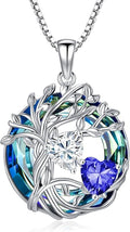 TOUPOP s925 Sterling Silver Family Celtic Tree of Life Pendant Necklaces with 2 Heart Birthstone with Blue Austrian Crystal Jewelry Birthday Valentines Day Gifts for Her, Anniversary Christmas Gifts for Wife Girlfriend Mom (18K Real White Gold Filled)