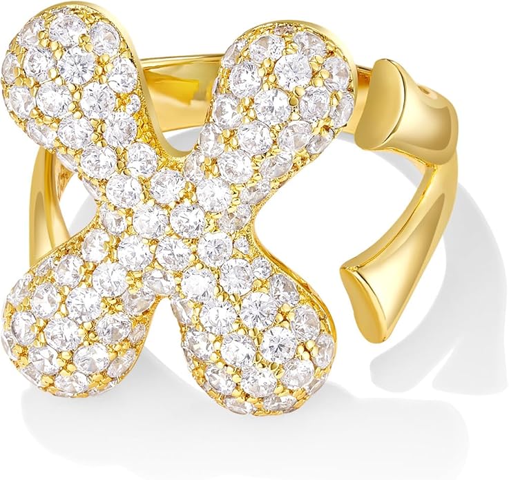 KissYan Bubble Initial Ring Valentines Day Gifts for Women, 14k Gold Plate Balloon Jumbo Letter Rings Open Adjustable Dainty Pave CZ Personalized Fashion Trendy Statement Jewelry