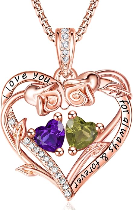 Rose Heart Necklaces for Women, Rose Gold Forever Love Jewelry with 2 Birthstones Pendant,Valentines Anniversarry Birthday Gifts for Her Wife Mom Grandma Daughter, 18+2 Inch Chain