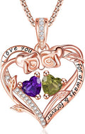 Rose Heart Necklaces for Women, Rose Gold Forever Love Jewelry with 2 Birthstones Pendant,Valentines Anniversarry Birthday Gifts for Her Wife Mom Grandma Daughter, 18+2 Inch Chain