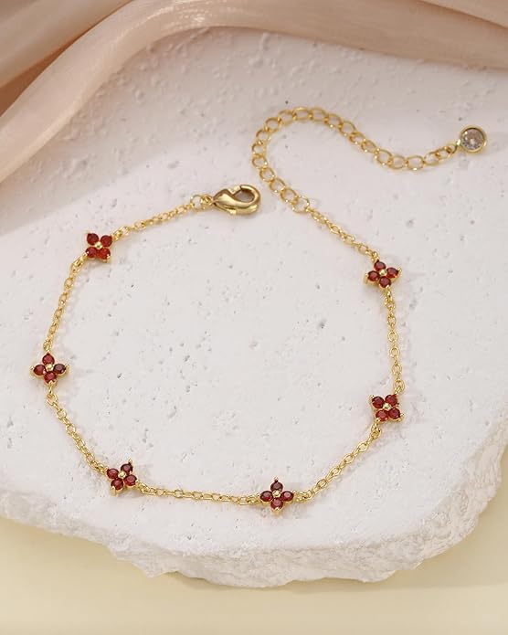 JSJOY Birthstone Bracelets for Women, 14K Gold Bracelets for Women Mom Gifts Birthday Valentines Day Gifts for Gf Dainty Flower Gift for Her Birthstone Bracelet Mothers Day Gift