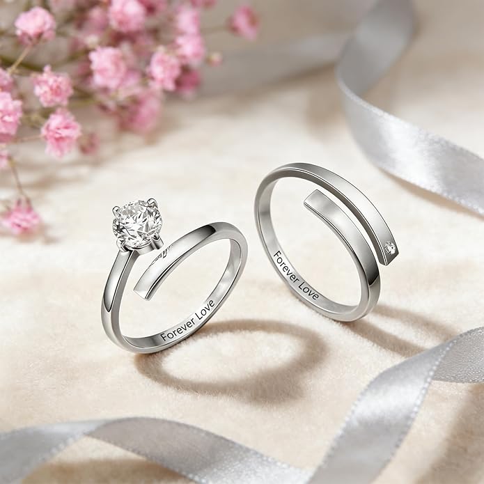 Personalized Couple Rings Engraved with Names - Adjustable Matching Promise Rings Set with Cubic Zirconia, Romantic Gift for Her/Him, Wedding, Anniversary, Valentine's Day (No Size Worry)