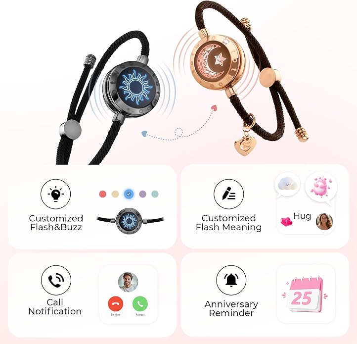 TOTWOO Long Distance Touch Bracelets for Couples, Smart Light & Vibration Love Jewelry, Long Distance Valentines Day Gifts for Him Her Women Men, One-to-One Bluetooth Pairing via App