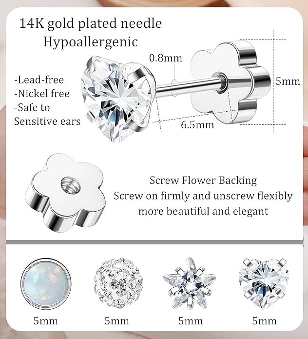 4Pairs 14K Gold Stud Earrings for Women Girls 316L Stainless Steel Hypoallergenic Earrings 20G Flat Back Handmade Nap Earrings Cute Screw Back Opal Heart Star Cartilage Earrings
