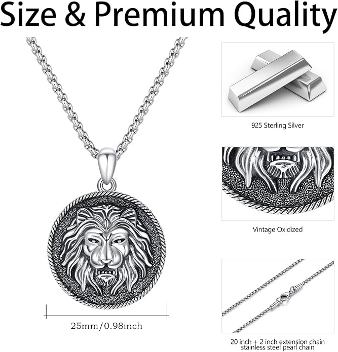 Cuoka Lion Necklace for Men Women S925 Sterling Silver King Retro Punk Gothic Hip Hop Rock Animal Lion Head Pendant Charm Jewelry Chain Necklace Viking Protection Amulet Necklaces