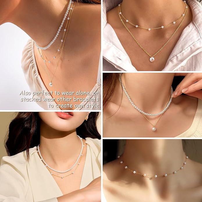 Zeffy Gold Pearl Necklace for Women, Dainty 14K Gold/Silve Plated Layered Pearl Choker Pearl Earrings Pearl Bracelets Wedding Trendy Gold Jewelry Set for Women Gifts