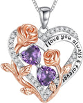 I Love You Birthstone Necklace, 925 Sterling Silver Heart Pendant with CZ Diamond Stones, Birthday Gifts for Women, Romantic Gift for Wife, Girlfriend, Her, Anniversary, Valentine's Day, Christmas