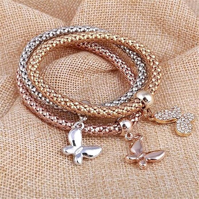 Crystal Charms Multilayer Bracelets - 3PCS Gold/Silver/Rose Gold Corn Chain Bracelet for Women, Tree of Life Heart Shaped Stretch Bracelet