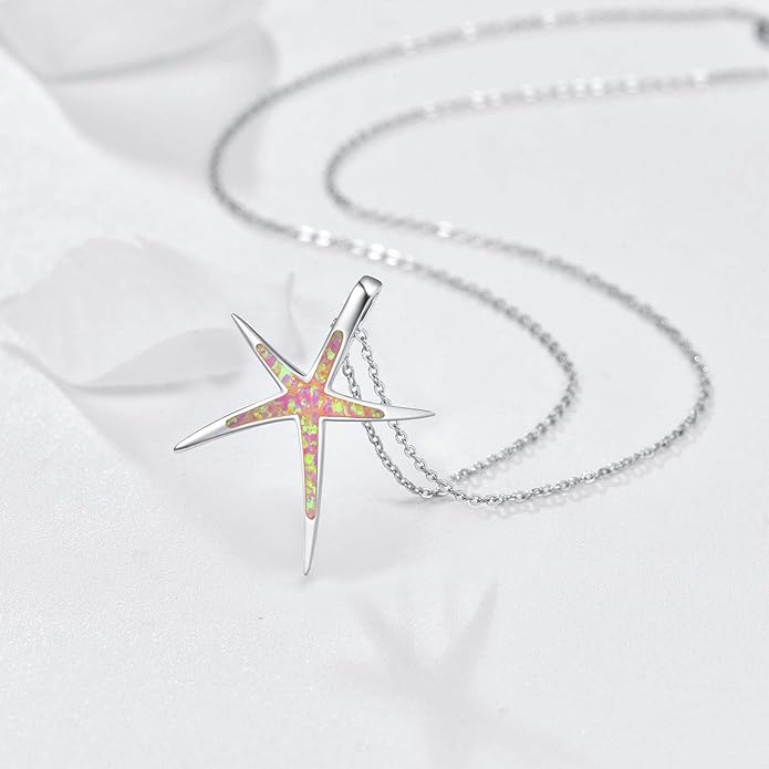 Cuoka Starfish Necklace, 925 Sterling Silver with Opal, Hawaiian Beach Nautical Ocean Pendant, Starfish Jewelry Opal Jewelry Valentine for Women Girlfriend