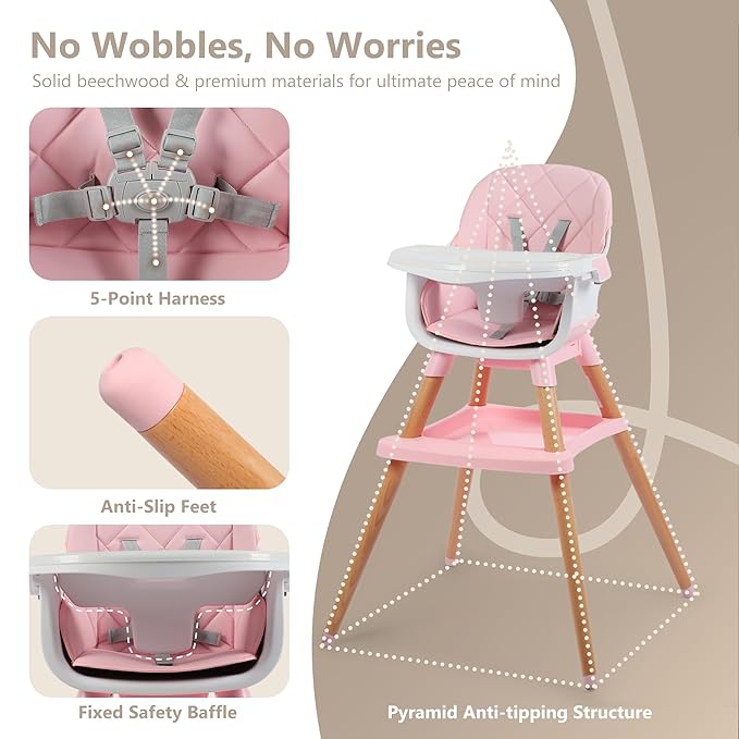 Kinder King 7 in 1 Baby High Chair for Babies and Toddlers with Large Storage Footrest, Booster Seat, Convertible Wooden High Chair with 3-Depth Double Dishwasher Safe Tray, 5 Point Harness, Pink