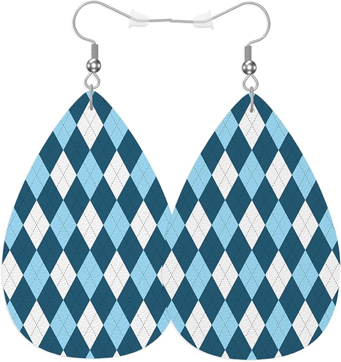 Diamond Fashion Leather Teardrop Ear Rings Blue White Diamond Geometric Stripes Lines Leather Leaf Earrings Jewelry For Women Friends