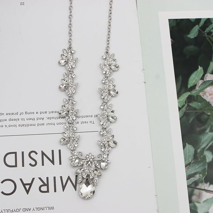 Wedding Leaf Flower Crystal Teardrop Pendant Necklace Dangle Earrings Stretch Bracelet Jewelry Set for Women Bridal Party Prom
