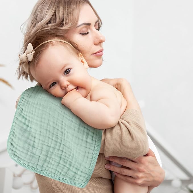 Baby Burp Cloth 100% Cotton Newborn Cotton Muslin Burp Cloth 10x20 inches (White & Green 6 Pieces)