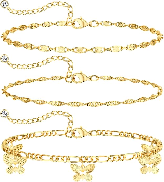 DEARMAY Dainty 14K Gold Plated Ankle Bracelets for Women, Waterproof 14K Gold Plated Link Chain Anklets Non Tarnish Set Pack Summer Beach Jewelry Gift