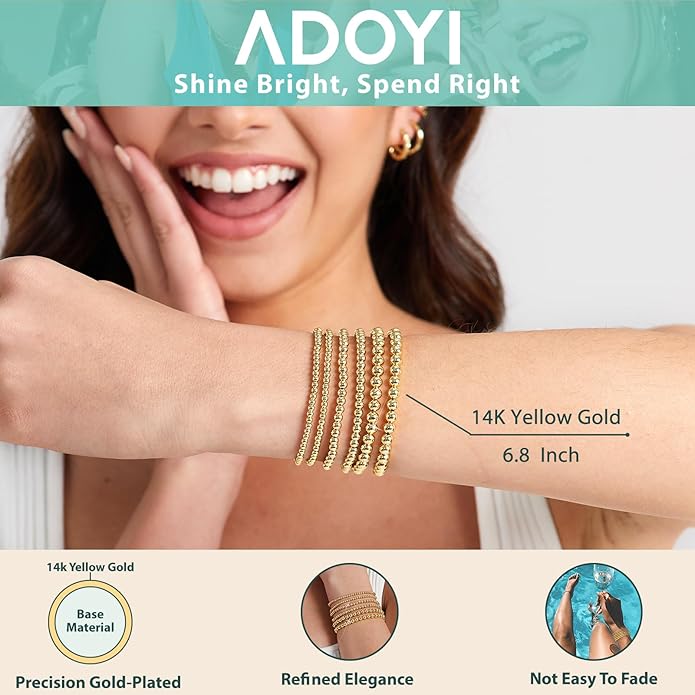 adoyi Valentines Day Gifts for Her Gold Bracelets for Women Waterproof, 14K Gold Plated Beaded Strand Bead Ball Bracelets stack Adjustable Jewelry Set for Gifts