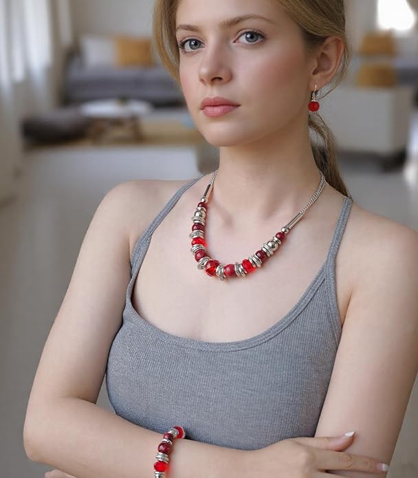 PEARL&CLUB Silver Beaded Statement Necklaces for Women Chunky Bead Necklace Bracelet and Earring Costume Jewelry Sets Gifts for Mom