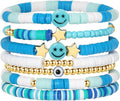 Preppy Bracelets Set Colorful White Gold Smile Heart Star Polymer Beaded Pearl Clay Stackable Charm Y2K Kidcore Aesthetic Summer Beach Bohemian Stretch Layering Bracelets Jewelry for Girls Women Teens