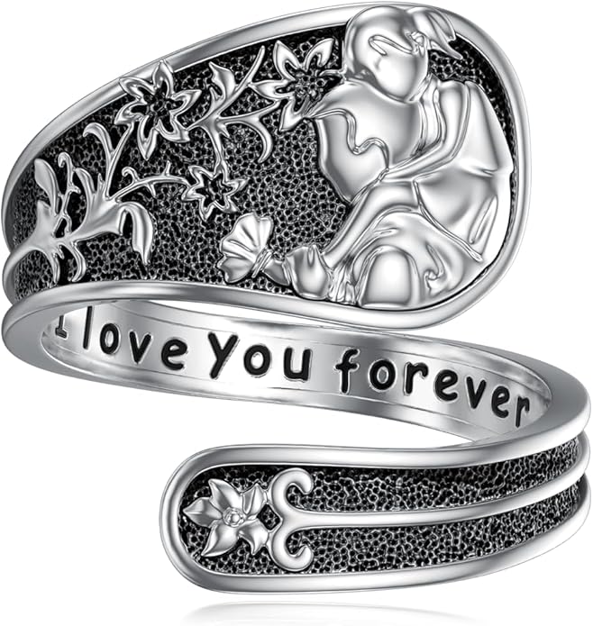 Midari Sun and Moon/Bee/Celtic/Life of Tree/Lotus Spoon Ring for Women 925 Sterling Silver Adjustable Ring Open Ring for Women Men Halloween Birthday Gift