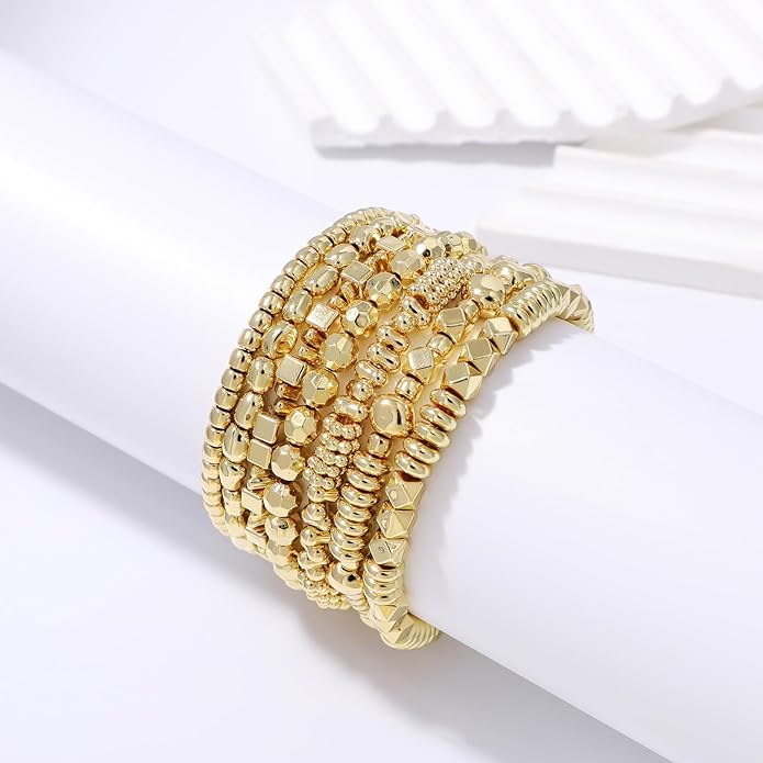 Gold Plated Beaded Bracelets for Women Trendy, 14K Gold Plated Stack Cross Pearl Gold Plated Bead Stretch Bracelets Set Elastic Hypoallergenic Bracelets Jewelry Gifts