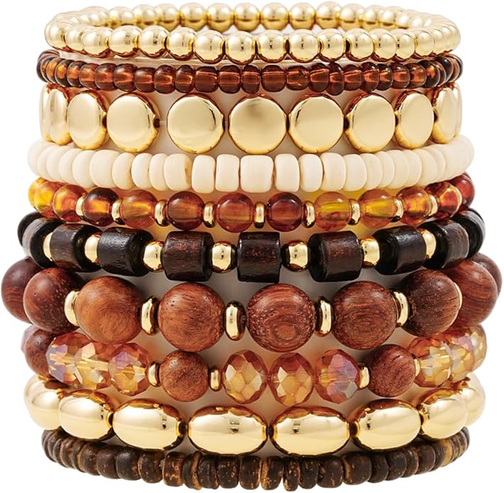 GOOJIDS Surfer Heishi Clay Bead Bracelets for Women Bohemian Stackable Gold Plated Beaded Stretch Bracelets Elastic Layering Friendship Bracelets Set Boho Jewelry