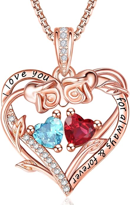 Rose Heart Necklaces for Women, Rose Gold Forever Love Jewelry with 2 Birthstones Pendant,Valentines Anniversarry Birthday Gifts for Her Wife Mom Grandma Daughter, 18+2 Inch Chain