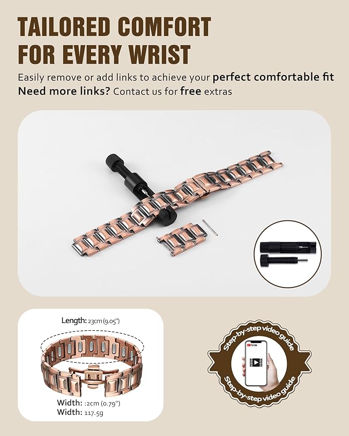 Jecanori 5X Pure Copper Magnetic Bracelet for Men - Upgraded Magnets & Butterfly Clasp, Adjustable Length with Sizing Tool