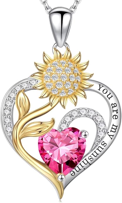Iefil Valentines Day Gifts for Her - Sunflower Heart Birthstone Necklace Gifts for Women, Anniversary Birthday Gifts for Her 925 Sterling Silver Necklace You Are My Sunshine Jewelry for Wife Mom