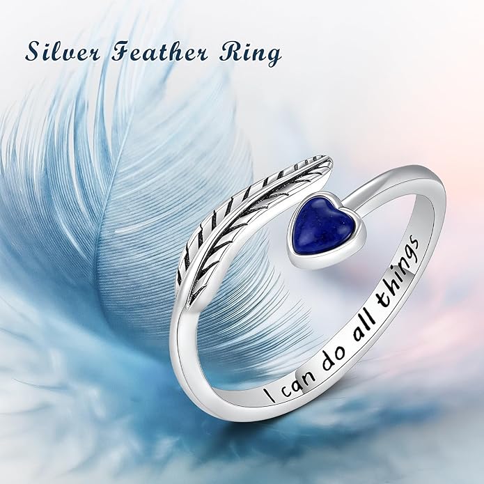 Turquoise/Moss Agate/Moonstone/Black Onyx/Lapis Lazuli/Labradorite/Tiger Eye Feather Ring 925 Sterling Silver Adjustable Ring Western Thumb Rings Vintage Jewelry Gifts for Women