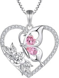 YL Women's Butterfly Necklace 925 Sterling Silver Flower Rose Pendant Birthstone Halo Jewelry