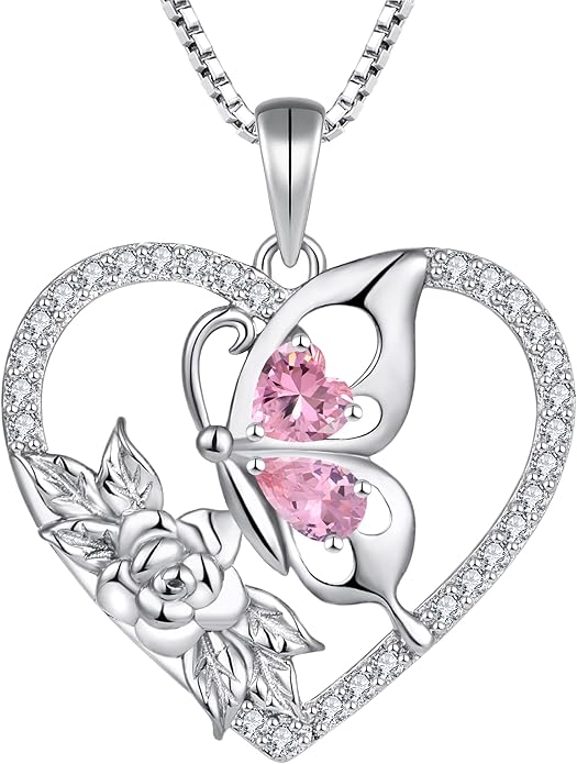 YL Women's Butterfly Necklace 925 Sterling Silver Flower Rose Pendant Birthstone Halo Jewelry