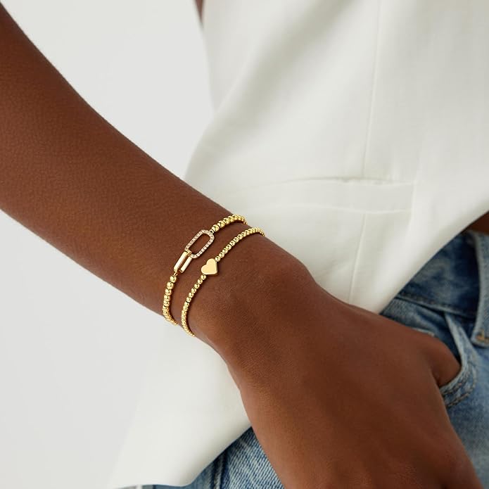 Turandoss Gold Bracelets for Women - Dainty 14K Gold Plated Bow Cross Beaded Bracelets for Women Stackable Heart Bead Bracelet Set Wave CZ Round Ball Bracelet Valentine's Day Gifts for Her