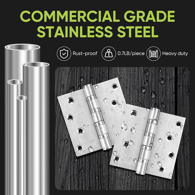 6 Pack Ball Bearing Door Hinges, 4in x 4in Door Hinges, Heavy Duty Stainless - Image 2