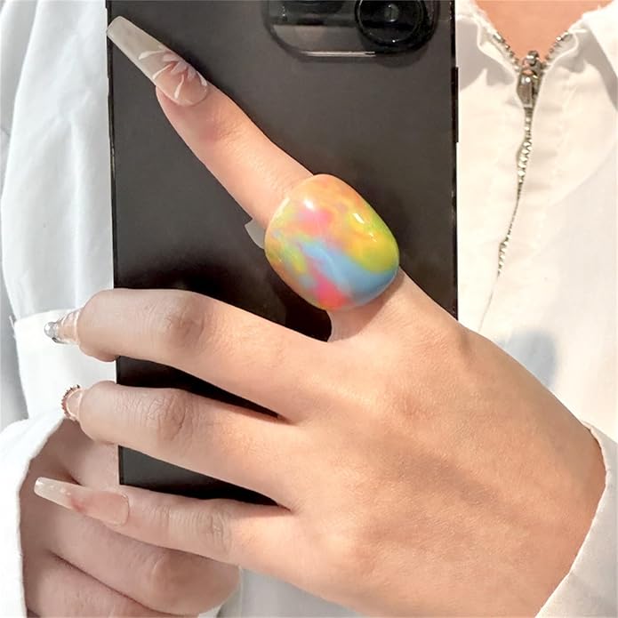 PINK TOWN Resin Chunky Ring, Multicolor Acrylic Stackable Rings Set Vintage Plastic Knuckle Rings Aesthetic Y2k Statement Rings Thick Dome Finger Joint Ring for Women