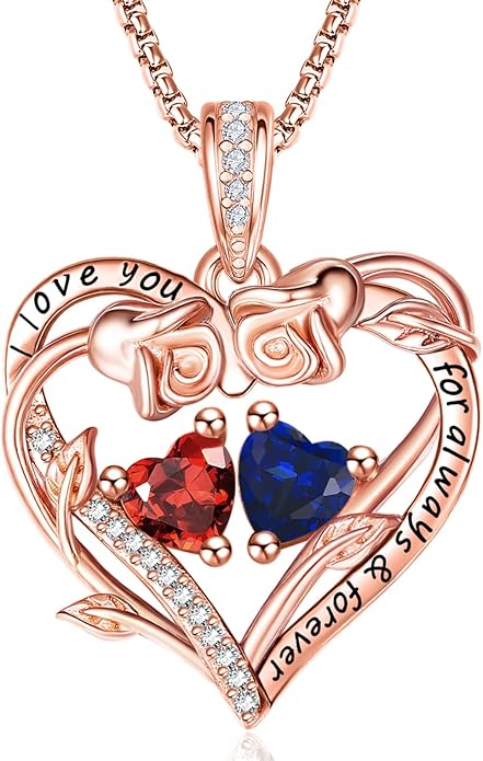 Rose Heart Necklaces for Women, Rose Gold Forever Love Jewelry with 2 Birthstones Pendant,Valentines Anniversarry Birthday Gifts for Her Wife Mom Grandma Daughter, 18+2 Inch Chain