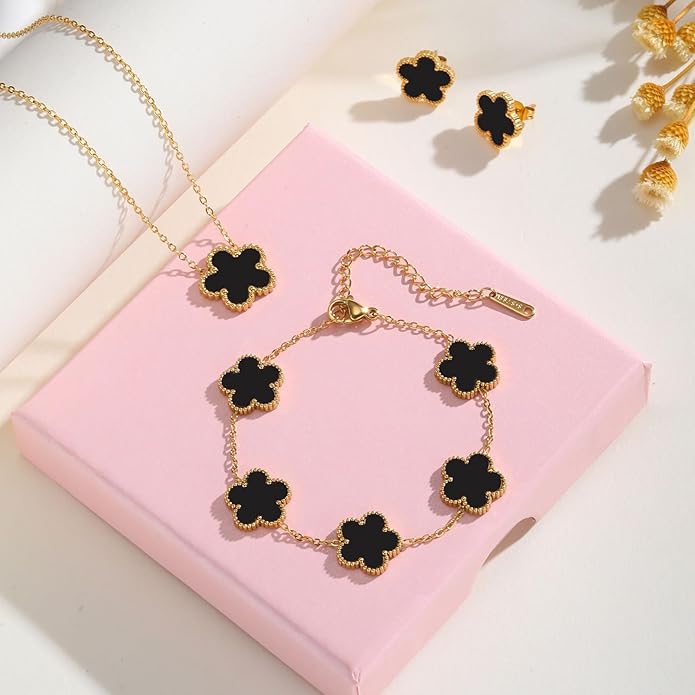 Gold Necklaces Bracelets Earring Set - 18K Gold Plated Flower Bracelet Chain,Stainless Steel Non Tarnish Floral Pendant Stud Jewelry Sets,Christmas Birthday Lucky Gift for Mom Wife Daughter Girlfriend
