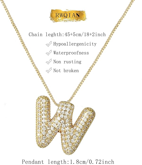 RWQIAN Letter Necklace for Women Bubble, Chunky Initial Alphabet A-Z Pendant Puffy Name Personalized Necklace Dainty Zircon CZ Fashion Jewelry Gifts for Girls Girlfriend