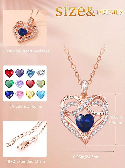 Infinity Rose Gold Valentines Heart Birthstone Necklace for Women,I Love You Always and Forever Jewelry,Valentines Anniversary Birthday Gifts for Her Wife Mom Grandma Daughter
