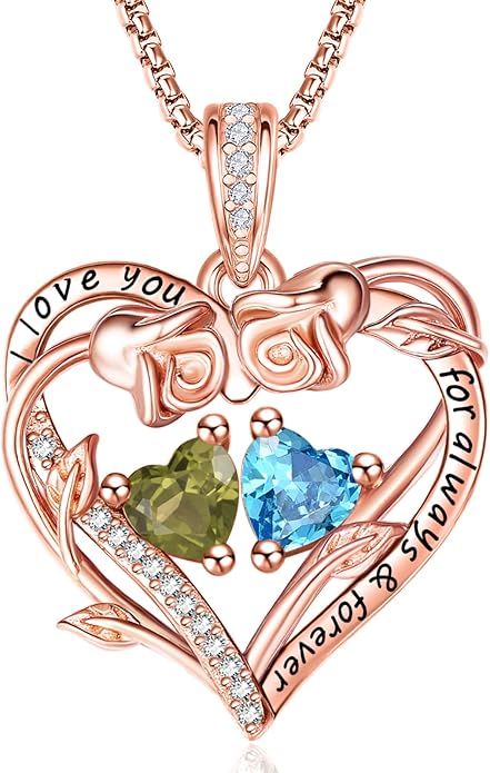 Rose Heart Necklaces for Women, Rose Gold Forever Love Jewelry with 2 Birthstones Pendant,Valentines Anniversarry Birthday Gifts for Her Wife Mom Grandma Daughter, 18+2 Inch Chain