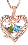 Rose Heart Necklaces for Women, Rose Gold Forever Love Jewelry with 2 Birthstones Pendant,Valentines Anniversarry Birthday Gifts for Her Wife Mom Grandma Daughter, 18+2 Inch Chain
