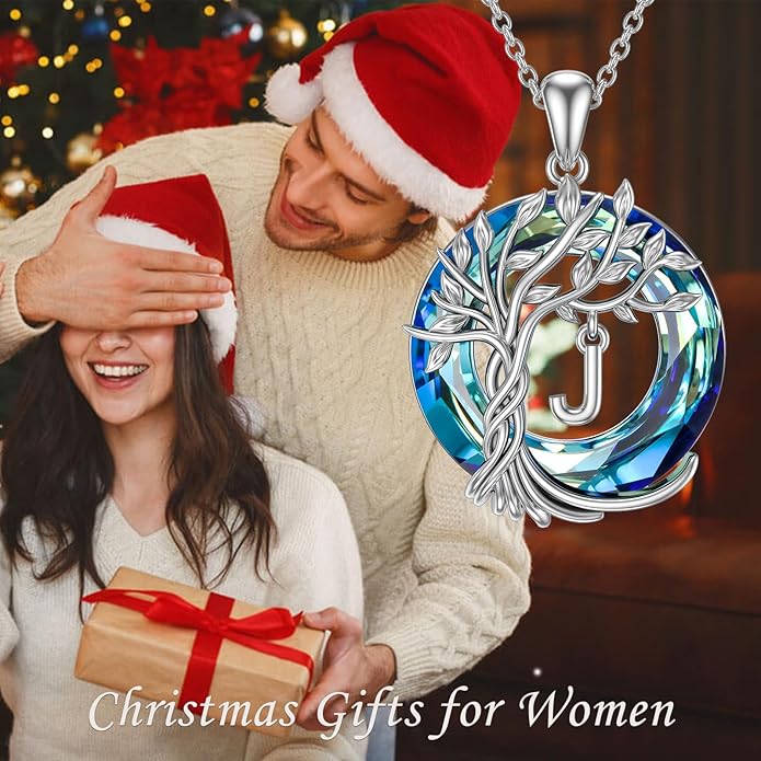 TOUPOP Gifts for Women Tree of Life Necklace 925 Sterling Silver Initial Pendant Family Tree Crystal Jewelry Valentine's Day Birthday Gifts for Her Mom Wife Girlfriend Daughter