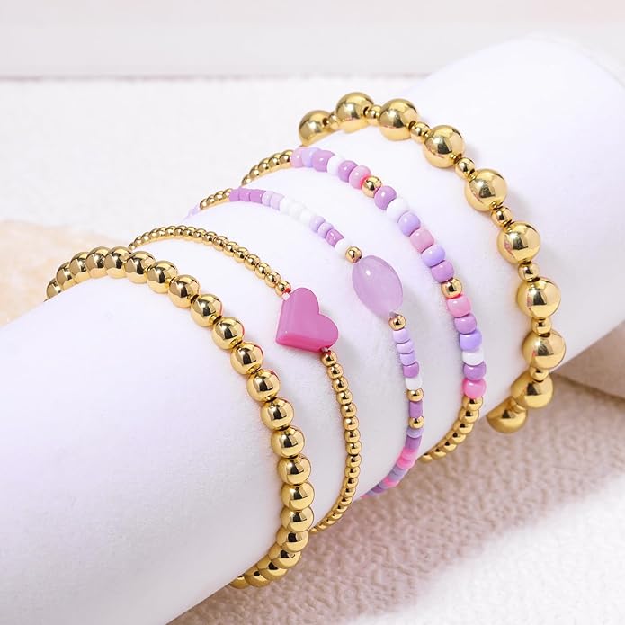Gold Bracelets for Women Waterproof, 14K Gold Plated Beaded Cross Bracelets Set,Boho Stretch Bracelets Stackable Jewelry for Women Teenage Girls Jewelry Christmas Gifts
