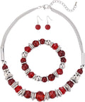 PEARL&CLUB Silver Beaded Statement Necklaces for Women Chunky Bead Necklace Bracelet and Earring Costume Jewelry Sets Gifts for Mom