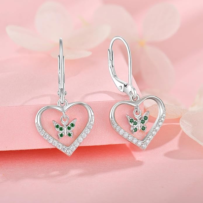 Butterfly Birthstone Heart Dangle Drop Earrings, 925 Strlings Silver 5A Cubic Zircon Leverback Earrings Jewelry Anniversary Birthday Gifts for Women