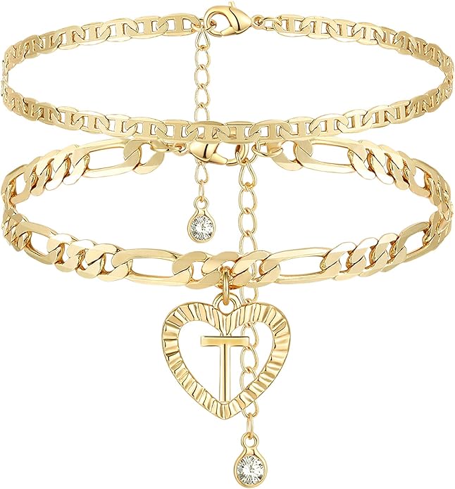 YANODA Initial Ankle Bracelets for Women 14K Gold Plated Layered Figaro Chain Letter Initial Anklets Handmade Layered Heart Ankle Bracelets Personalized Jewelry for Women