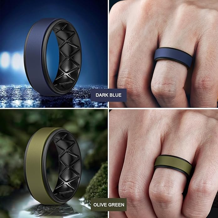 Egnaro Silicone Rings for Men 1/4/5/6/7 Multipack of Breathable Mens Silicone Rubber Wedding Rings Bands - Step Edge