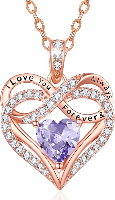 Infinity Rose Gold Valentines Heart Birthstone Necklace for Women,I Love You Always and Forever Jewelry,Valentines Anniversary Birthday Gifts for Her Wife Mom Grandma Daughter
