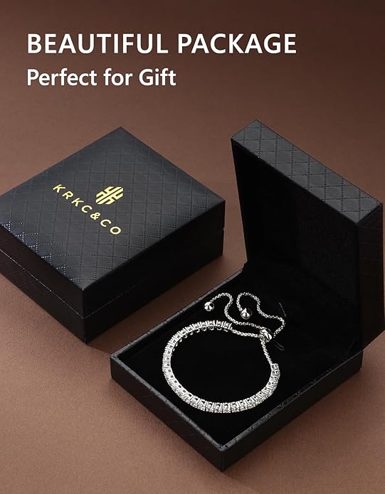 KRKC&CO Tennis Bracelet, Adjustable Length S925 Sterling Silver 2/3/4mm, Christmas Birthday Gifts for Her, Gift Box, Cubic Zirconia Bolo Bracelets for Women White/14K Gold Plated, Hypoallergenic