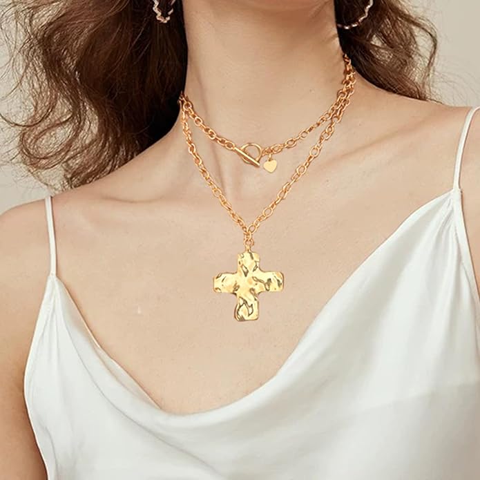Atiptu Gold Chunky Cross Necklace for Women Statement Cross Pendant Necklace Layered Hammered Bold Cross Necklace Vintage Toggle Clasp Necklace Jewelry