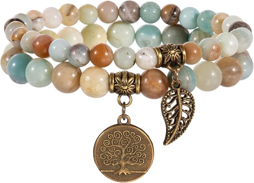 Bivei Natural Semi Precious Gemstone beads bracelet for women - Life Tree and Leaf Charm Energy Reiki Crystal Stretch Bracelets